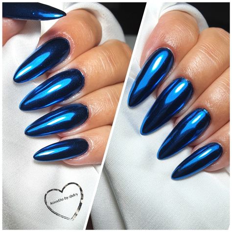 Blue And Silver Metallic Nails, Dark Blue Metallic Nails, Dark Blue Crome Nails, Black Mirror Nails, Blue Crome Nails Acrylic, Blue Mirror Nails, Blue Chrome Acrylic Nails, Crome Nails Almond, Royal Blue Chrome Nails