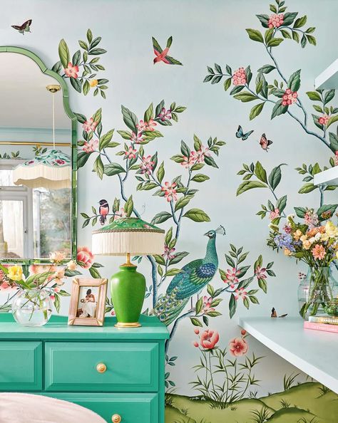 Rachel Battais Interiors & Architecture Fig Blossom, Blue Chinoiserie Wallpaper, Chinoiserie Bedroom, Modern Chinoiserie, Chinoiserie Fabric, Peony Fabric, Blossom Wallpaper, Chinese Wallpaper, Blue Chinoiserie