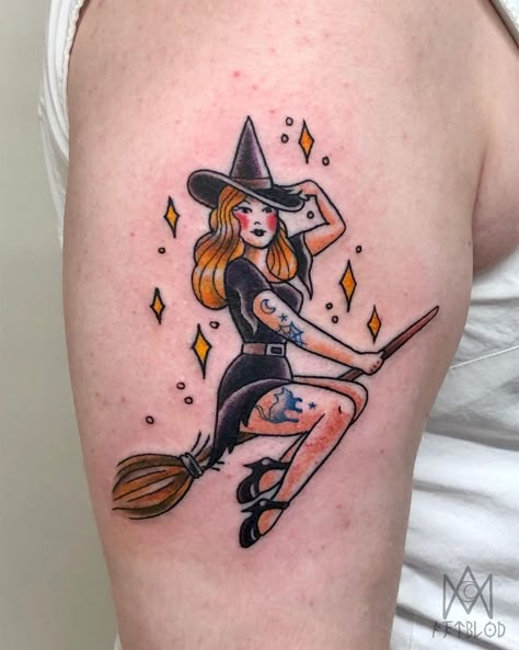 Halloween Pin Up Girl Tattoo, Vintage Witch Tattoo, Witchy Pinup Tattoo, Pin Up Witch Tattoo, Halloween Dog Tattoo, American Traditional Witch Tattoo, Witch Tattoo Traditional, Pinup Witch Tattoo, Witch Pinup Tattoo