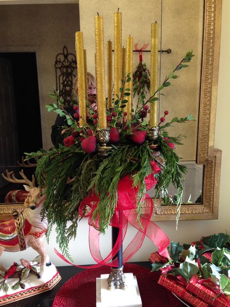 My favorite so far. I decorated a candelabra on my entrance table. Christmas Candelabra Ideas, Candelabra Ideas, Christmas Candelabra, Floral Swags, Christmas Florals, Candle Arrangements, Entrance Table, Tablescape Ideas, Christmas Tablescape