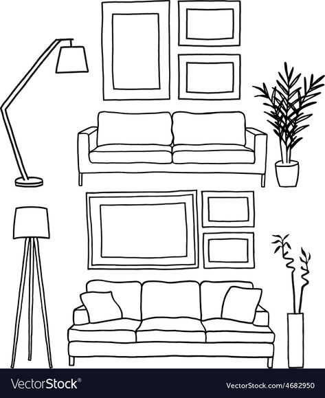 Sofa Illustration Vector, Paper Doll Living Room, How To Draw A Couch, Couch Doodle, Couch Sketch, Couch Illustration, Couch Drawing, Room With Couch, Couch Lamp