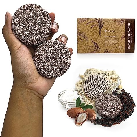 AIRNEX Black Rice Water Shampoo Bar - Proprietary Blend of Fermented Rice Water, Argan Oil & Murumuru Butter for Hair Growth Moisture & Shine - Set of Two Bars + Cotton Bags - Vegan All Natural Shampoo Bar Sulfate Free (4.04 oz) Butter For Hair Growth, Rice Water Shampoo Bar, Rice Water Shampoo, Rice Shampoo, Organic Shampoo Bar, Fermented Rice Water, Hair Conditioner Bar, Hair Soap, Fermented Rice