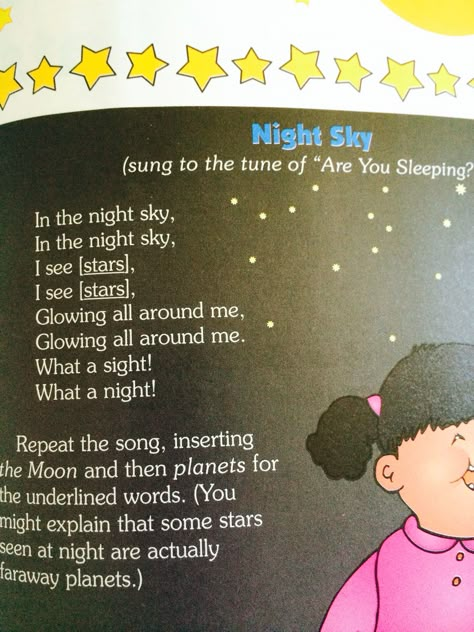 Space song. To the tune of Are You Sleeping. Day And Night Songs Preschool, Outer Space Infant Activities, Moon Song Preschool, Space Songs For Preschool, Songs About The Moon, Space Songs For Toddlers, Space Fingerplays, Space Songs Preschool, Day And Night Song