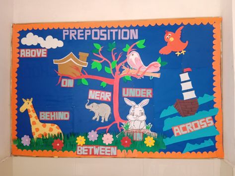 Grammar-Preposition English Exibition Ideas, Preposition Chart Ideas, Preposition Tlm, Attendance Register, Classroom Display Boards, Preposition Activities, English Activity, Preschool Charts, Soft Board