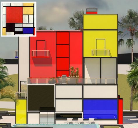 Villa inspired by Modrian’s painting1 Mondrian Architecture, Mondrian Art, Bauhaus Architecture, Bauhaus Art, Walter Gropius, Bauhaus Design, Design Movements, Alvar Aalto, Piet Mondrian