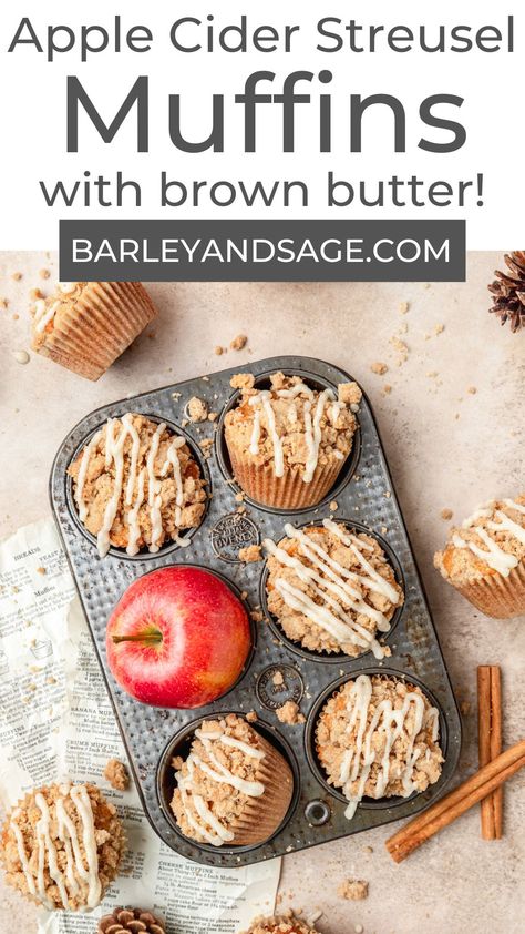 These brown butter apple cider muffins are super moist and full of flavor from the fall spices and apple cider! Topped with a brown sugar crumble and light vanilla glaze, they're super easy to make and perfect for breakfast or a quick snack! Sourdough Apple Cider Muffins, Apple Cider Muffins Recipe, Apple Cider Baking Recipes, Cider Muffins, Apple Butter Muffins, Apple Cider Muffins, Apple Spice Muffins, Apple Crumble Muffins, Fall Muffins