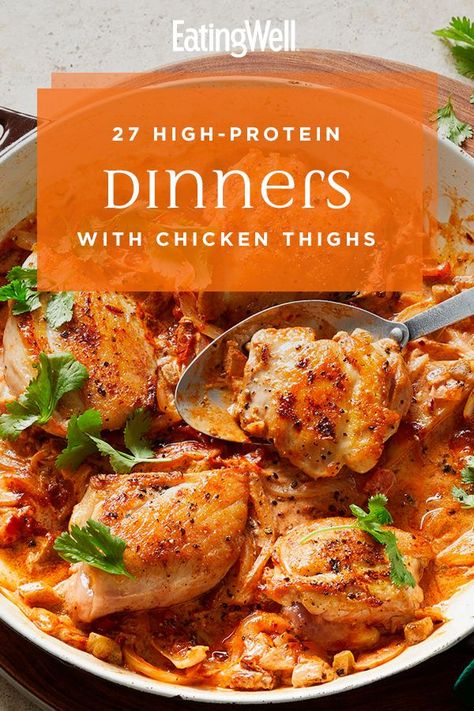 Grab a pack of chicken thighs and make one of these hearty dinner recipes. You can pair these chicken thigh recipes with whole grains, a salad or roasted vegetables for a complete meal. #dinner #dinnerideas #supperideas #dinnerrecipes #healthydinnerideas #healthydinnerrecipes #healthyrecipes Dinners With Chicken Thighs, Chicken Thigh Fillet Recipes, Dinners With Chicken, Chicken Thigh Casserole, Low Fat Chicken Recipes, High Protein Recipes Dinner, Healthy Chicken Thigh Recipes, Chicken Thighs Dinner, Low Fat Chicken