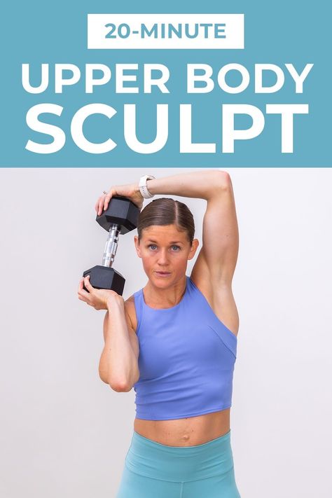 Build strong, defined arm and back muscles with this all-standing sweat session: the best upper body dumbbell workout. This no-repeat and all-standing workout is a fun and challenging way to build strength in every muscle in the upper body. All you need is a set of dumbbells and 20 minutes to target the chest, back, biceps, triceps and shoulders. Upper Body Dumbbell, Back Rows, Upper Body Dumbbell Workout, Full Upper Body Workout, Upper Body Workout For Women, Nourish Move Love, Standing Workout, Dumbbell Exercises, Tricep Kickback