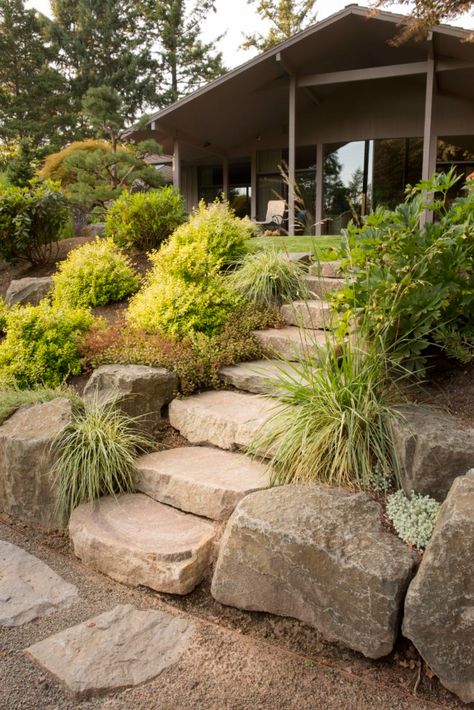 Residential Maintenance Portland Garden, Japanese Inspired Garden, Portland Japanese Garden, Hillside House, Front Yard Design, Garden Fire Pit, Specimen Trees, Landscape Elements, Raised Planter