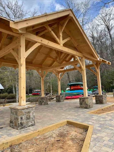 lakeside pavilion Timber Frame Pergola Plans, Timber Frame Pergola, Timber Frame Plans, Timber Frame Cabin, Driveway Patio, Frame Projects, Pavilion Plans, Carport Plans, Garden Room Extensions