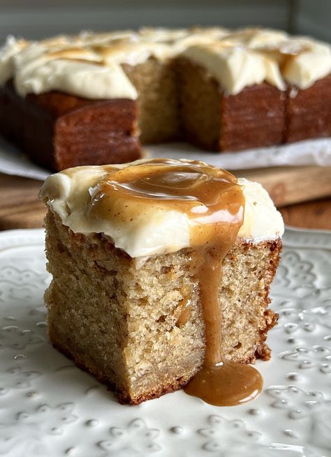 Salted Caramel Brown Butter Banana Snack Cake Banana Snack Cake, Cinnamon Cream Cheese, Banana Dessert, Salted Caramel Sauce, Cinnamon Cream Cheese Frosting, Caramel Brown, Snack Cake, Banana Cake, Recipe Details