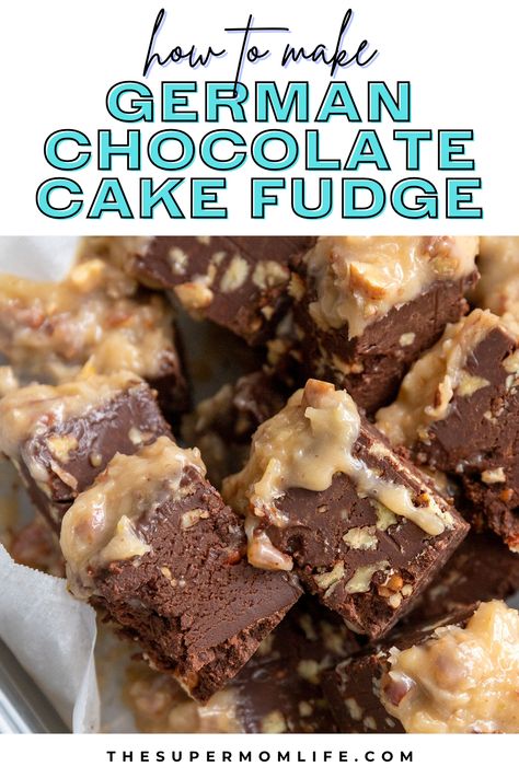 Cake Fudge Recipe, German Chocolate Fudge Recipe, Chocolate Cake Fudge, German Chocolate Fudge, Camping Dessert Recipes, Family Dessert Recipes, Fudge Flavors, Pecan Topping, Fudge Recipes Chocolate