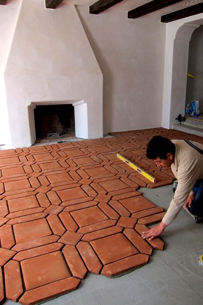 Tile Floor Patterns, Spanish Home Design, Terra Cotta Flooring, Clay Floor, Terracotta Tile Floor, Spanish Colonial Revival, Hacienda Homes, Hacienda Style Homes, Luxury Door