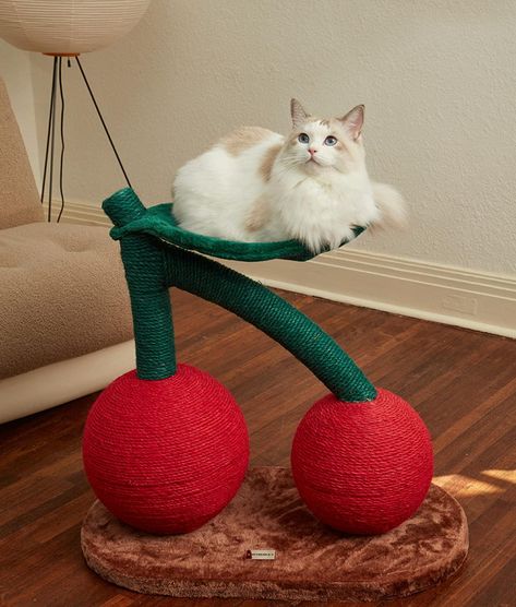 Fruit Cat Tree, Kitten Apartment Ideas, Cute Cat Scratcher, Cat Scratching Post Aesthetic, Homemade Cat Scratching Post, Cute Cat Scratching Post, Cute Cat Products, Diy Scratching Post For Cats, Aesthetic Cat Supplies