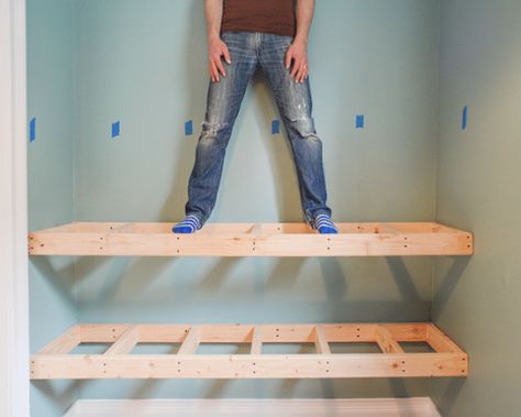 Heavy Duty Closet Shelves, Heavy Duty Wood Shelves, Floating Shelves Garage, Strong Shelves Diy, Diy Wall To Wall Shelves, Diy Bookshelf Floating, Heavy Duty Wall Shelves, Heavy Duty Pantry Shelves, Big Floating Shelves