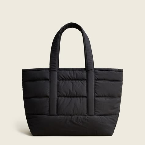 J.Crew: Nylon Logo Puffer Tote For Women Puffer Tote Bag, Puffer Bag, Logo Tote Bag, Quilted Bags, Diy Bag Designs, Straw Tote, Nylon Tote, Cozy Vibes, Tote Bag Purse