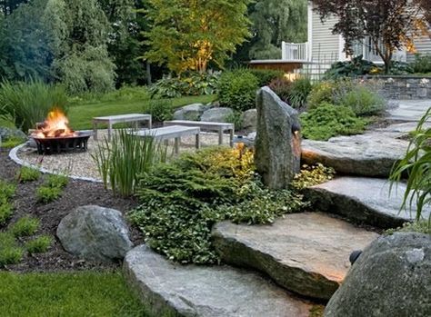 Examples Of Gorgeous Hardscaping Moderne Have, Rustic Backyard, Sloped Backyard, Garden Steps, Landscape Designs, Have Inspiration, Backyard Fire, Diy Landscaping, Fire Pit Backyard