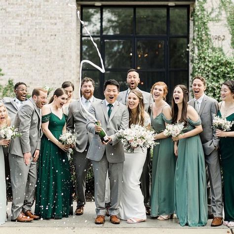 Emerald Green And Grey Wedding, Grey Suit Wedding Party, Gray Wedding Party, Blush And Grey Wedding, Grey Suit Wedding, Wedding Parties Colors, Party Colors, Light Grey Suits, Grey Bridesmaids