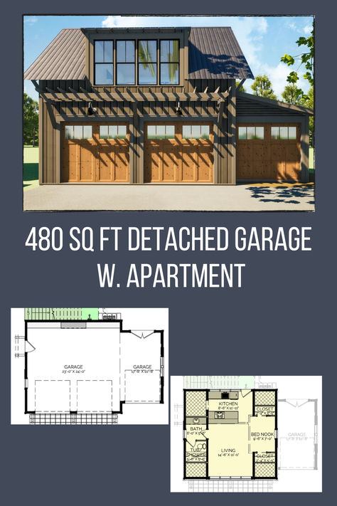 This detached carriage-style garage includes a charming apartment! It features a 480 sq. ft. heated area on the second floor and a total garage area of 799 sq. ft., perfect for fitting up to 3 cars.   Click to learn more about this amazing garage plan >>> Garage Design With Loft, Detached Garage With Apartment, Garage Turned Into Living Space, Apartment Garage, Detached Garage Designs, Garage Apartment Floor Plans, Charming Apartment, Garage Plans With Loft, Bed Nook