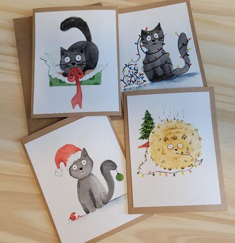 Cat Christmas Cards Handmade, Aquarell Christmas Cards, Christmas Card Drawing, Hand Painted Christmas Cards, Cat Christmas Cards, Painted Christmas Cards, Holiday Cards Handmade, Professional Watercolor, Hand Painted Christmas