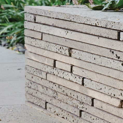 Clean, linear stone stack retaining wall. Long, horizontal lines. Stone Cladding Exterior, Gabion Retaining Wall, Brick Planter, Stacked Stone Walls, Brick Detail, Stone Retaining Wall, Masonry Wall, Wall Exterior, Stone Cladding