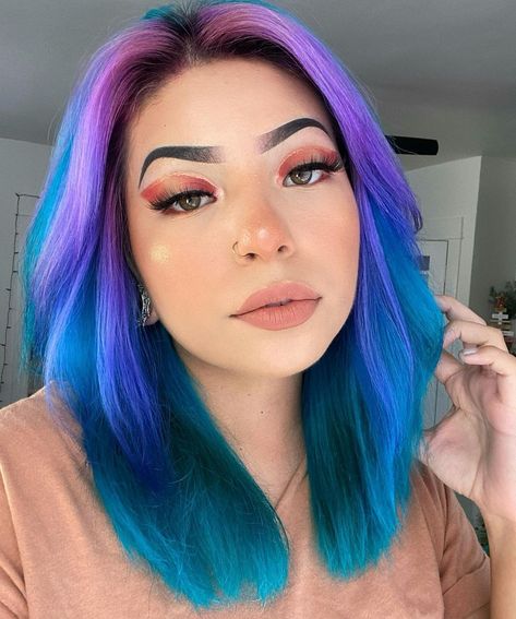 💜💙 @kreepyyy_ in Diluted Purple Rain + Aquamarine Purple Multicolor Hair, Colored Ombre Hair, Arctic Fox Purple, Bright Hair Color Ideas, Arctic Fox Purple Rain, Fox Hair Color, Multicolor Hair, Unicorn Hair Color, Blue Ombre Hair