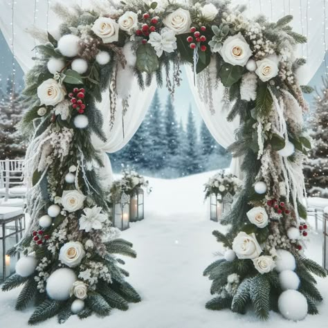 Flowers for a Wedding Arch Creating a Stunning and Memorable Backdrop (10) December Wedding Backdrop, Wedding Arch Christmas Theme, Winter Arch Wedding, Winter Wedding Arch Ideas, Christmas Wedding Arch, Work Party Decor, Christmas Tree Arch, Winter Arch, Tom Cake