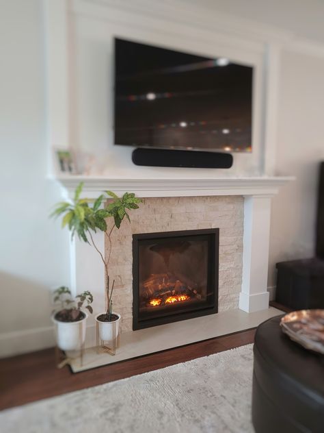 Flushed Fireplace Wall, Travertine Fireplace Hearth, Flush Wall Fireplace, Flush Fireplace Wall, Flush Fireplace, Fireplace Under Tv, Combustion Fireplace, Travertine Fireplace, Installing A Fireplace