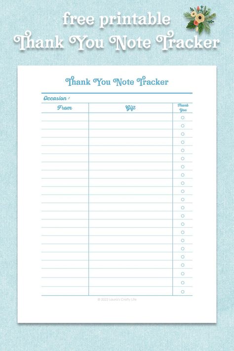 Thank You Note Tracker. Keep track of thank you notes with this free printable thank you note tracker. Keep track of gifts so you can write notes later. Printable Thank You Notes, Gift Tracker, Thank You Printable, Tracker Free, Write Notes, Printable Thank You Cards, Budgeting Worksheets, Keep Track, Bullet Journal Inspiration