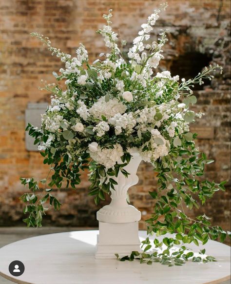 Contemporary Wedding Flowers, Language Planner, Katie White, Greenery Wedding Centerpieces, Flower Urn, White Floral Arrangements, White Flower Arrangements, Altar Arrangement, Greenery Centerpiece