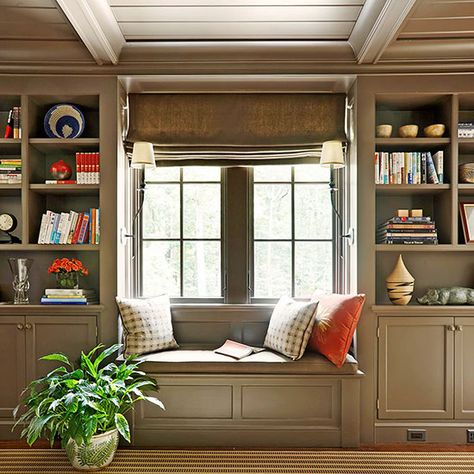 Paneled to Perfection - bookshelves and a window seat like this - maybe with the sconces on the front of the shelves? Built In Window Seat, Ranch House Remodel, Window Seat Design, Collection Ideas, Window Benches, Home Library Design, Home Modern, Remodel Bedroom, Popular Books