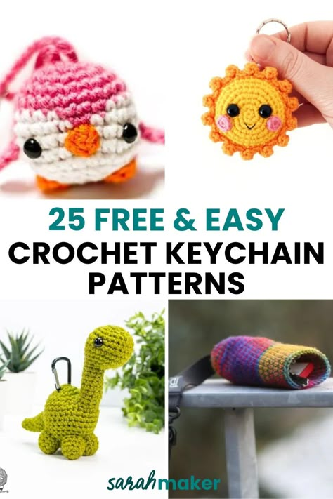 Crochet keychains are a fun way to add personal style to your keyring – and help you keep track of your keys at the same time!  In this list of free crochet keychain patterns, you’ll find all sorts of practical and adorable designs – from amigurumi animals to colorful rainbows and so much more. We know you’ll love making a crochet keychain for yourself – and maybe one for a friend, too! Free Crochet Key Ring Patterns, Key Ring Crochet Free Pattern, Crochet Keychain Ideas Free, Crochet Airtag Holder Pattern, Free Crochet Key Chains Patterns, Crochet Keychains For Boys, Tiny Crochet Pattern Free, Crochet Fidget Keychain Free Pattern, Crocheted Keychain Patterns