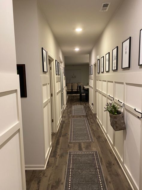 Long Hallway Board And Batten, Hallway With Board And Batten, Grey Board And Batten Wall, Grey Board And Batten, Hallway Board And Batten, Board And Batten Hallway, Tall Foyer, Hallway Interior, Black Hallway