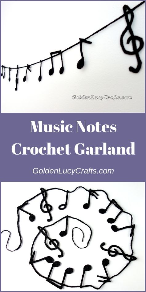 Music Notes crochet garland, crochet craft idea, crochet garland, crochet music notes Crochet Classroom Decor Ideas, Music Crochet Patterns, Crochet Music Teacher Gifts, Crochet Music Keychain, Crochet Musical Instruments, Crochet Gifts For Musicians, Crochet Music Notes Pattern Free, Drum Crochet, Crochet Instruments