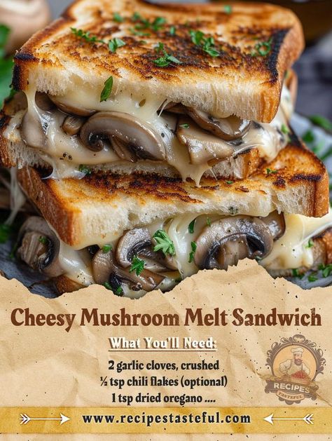 Anthony Bourdain Recipes� | Cheesy Mushroom Melt Sandwich  | Facebook Bourdain Recipes, Mushroom Melt, Mushroom Sandwich, Sandwich Ingredients, Hot Sandwich, Anthony Bourdain, Mushroom Chicken, Chili Flakes, Melted Cheese