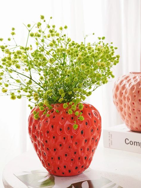 Strawberry Vase, Strawberry Planters, Cottage Core Decor, Colorful Planters, Living Room Tv Cabinet, Strawberry Flower, Centerpiece Table, Strawberry Plants, Red Strawberry