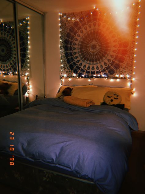 Blue tapestry with fairy lights over bed makes stunning room decor at all times of the year Fairy Lights Over Bed, Room Ideas With Tapestry, Lights Over Bed, Teen Girl Room Decor, Blue Tapestry, Girl Room Decor, Teen Girl Room, Dream Rooms, How To Make Bed