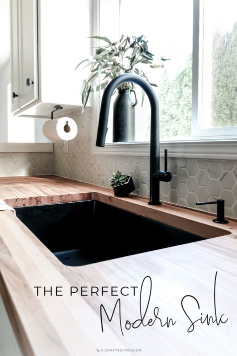 Looking for a new sink? With clean lines, a black finish, and easy to clean surface, this is the perfect modern kitchen sink! Sponsored by Elkay #modernkitchen #kitchensink Bulthaup Kitchen, Ikea Black, Modern Kitchen Sinks, Black Faucet, Black Sink, Modern Sink, Classic Kitchen, Kitchen Redo, Kitchen Sink Faucets