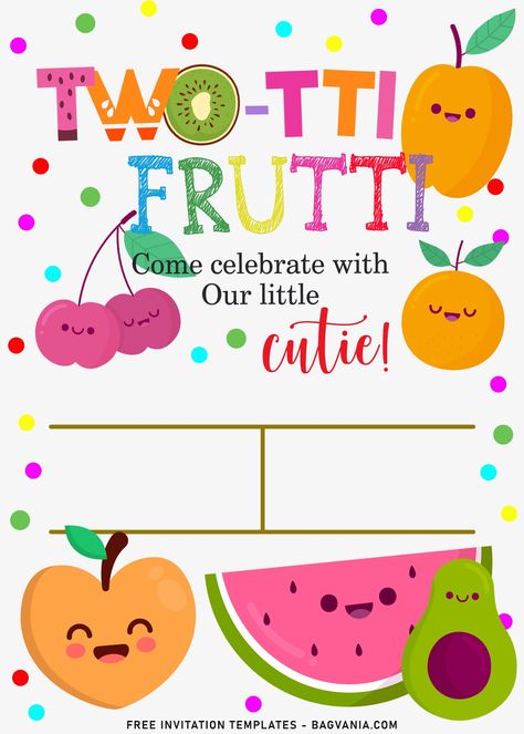 Twotti Fruity, Tutti Frutti Birthday Party, Tutti Frutti Party, Summer Birthday Invitations, Birthday Party Invitations Free, Fruit Birthday Party, Fruit Birthday, 2nd Birthday Party Themes, 2nd Birthday Invitations