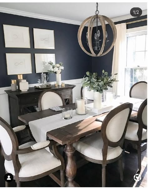 Midnight Blue Dining Room, Navy Dining Room Decor, Navy Dining Room Walls, Hale Navy Paint, Navy Paint Color, Dark Blue Dining Room, Navy Dining Room, Dining Room Navy, Dark Wood Dining Table