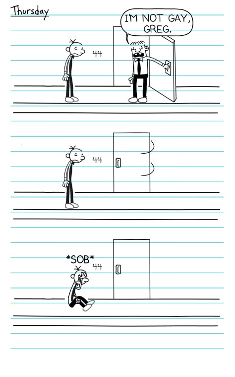 Diary of a Wimpy Kid comic created by reddit user u/jugdeggrogs .... "im not gay, greg." Wimpy Kid Books, Diary Of A Wimpy, Diary Of A Wimpy Kid, House Md, Wimpy Kid, Zoo Wee Mama, Cursed Child, Kid Memes, Inside Jokes