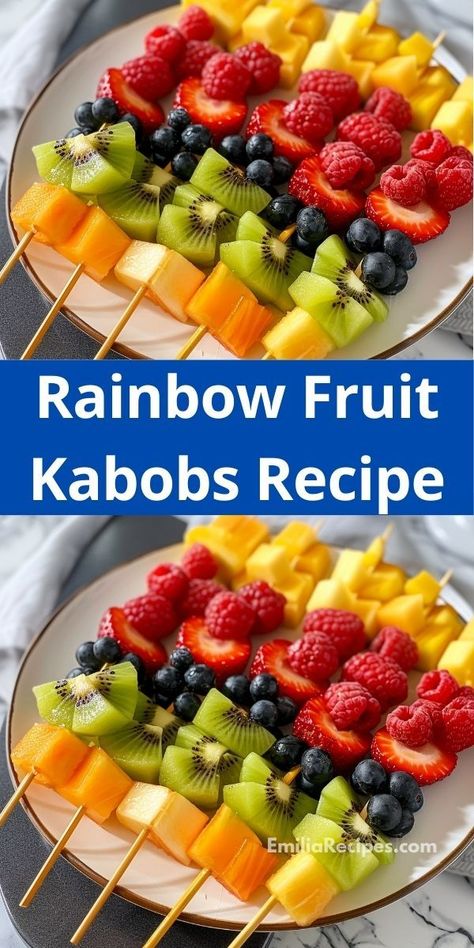 Interested in rainbow fruit salad recipe? This Rainbow Fruit Kabobs Recipe is a delicious choice! Combining a variety of fruits, it's a fantastic snack and a great addition to your kids party food and dessert ideas. Dessert Recipes For Parties, Party Food List, Rainbow Fruit Kabobs, Fruit Kabobs, Kabob Recipes, Rainbow Fruit, Refreshing Desserts, Kids Party Food, Fruit Salad Recipes