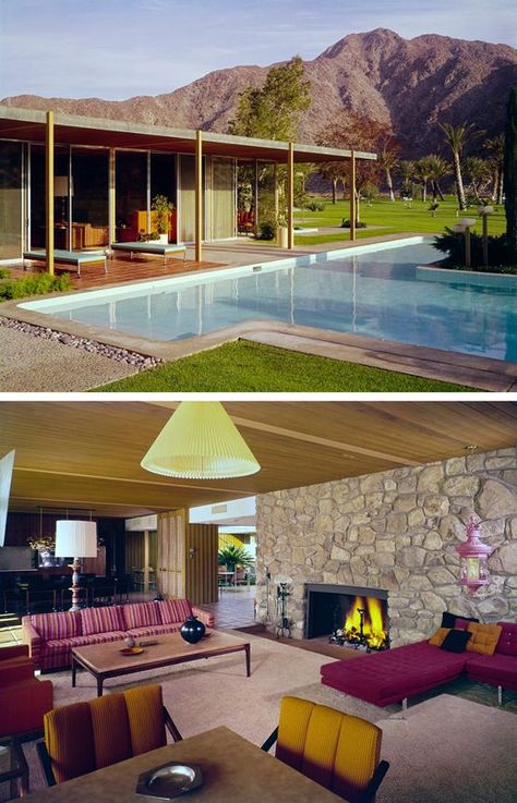 60s California House, Palm Springs 70s Home, Tiny Home Decorating Ideas, 60s House, Rock Fireplace, Palm Desert California, Mid Century Living, Mid Century Architecture, Mid Century Modern Interiors