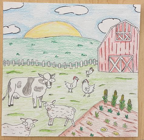 Chicken Farm Drawing, Farm Background Drawing, Farm Animals Drawing Easy, Farm Easy Drawing, How To Draw A Farm, Agriculture Drawing Easy, How To Draw Farm Animals, Cute Farm Drawing, Farm Drawing Ideas