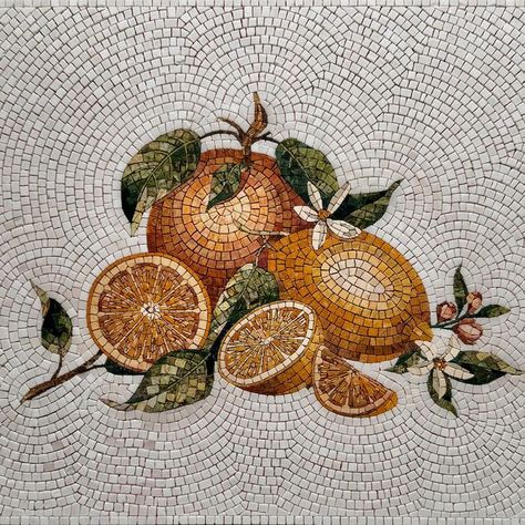 Katherine on Instagram: "Still life with lemon and oranges in marble mosaic technique.   #marble #mosaic #mosaicforkitchen #lemoninspiration #lemonillustration #stilllife #drawing #sketch #sketching #oranges #citrus #naturalstone #mosaicfruit #fruitbasket #fruit #romanmosaic #modernart #modernmosaic #homedecor #ideasforkitchen #ideasforhome #homedesign #kitchendesign #workprogress #mosaic_artlover #mosaicart #mosaicartist #mosaictile #мозаика #мозаиканазаказ" Aesthetic Mosaic Art, Mosaic Still Life, Cool Mosaic Designs, Spanish Mosaic Tile, Lemon Mosaic, Fruit Mosaic, Roman Mosaic Art, Mosaic Drawing, Tile Art Projects