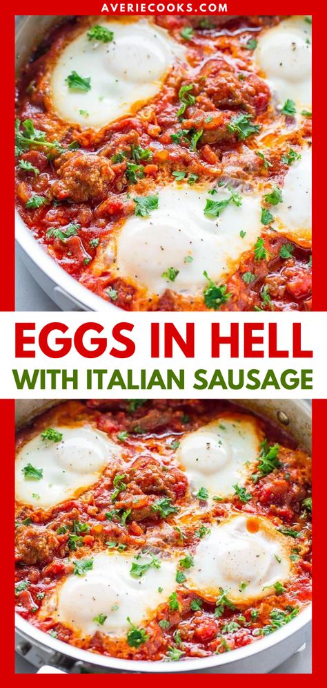 Shakshuka with Italian Sausage (Eggs in Hell) - Averie Cooks Breakfast Italian Sausage, Eggs Cooked In Tomato Sauce, Eggs In Tomato Sauce Breakfast, Italian Sausage Egg Bake, Tomatoes And Eggs Recipes, Italian Breakfast Recipes Authentic, Student Friendly Recipes, Breakfast Ideas With Tomatoes, Pasta Breakfast Recipes