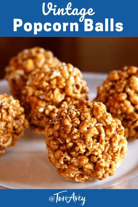 Vintage Popcorn Balls - Learn to make candied popcorn balls the old fashioned way. A vintage treat for Halloween, carnivals, festivals, or just because! | ToriAvey.com #popcornballs #vintagerecipe #halloweenrecipe #fallrecipe #popcorn #candymaking #TorisKitchen Carmel Popcorn Balls, Homemade Popcorn Balls, Popcorn Balls Recipe Easy, Halloween Popcorn Balls, Candied Popcorn, Caramel Popcorn Balls, Popcorn Balls Recipe, Popcorn Recipes Easy, Vintage Popcorn