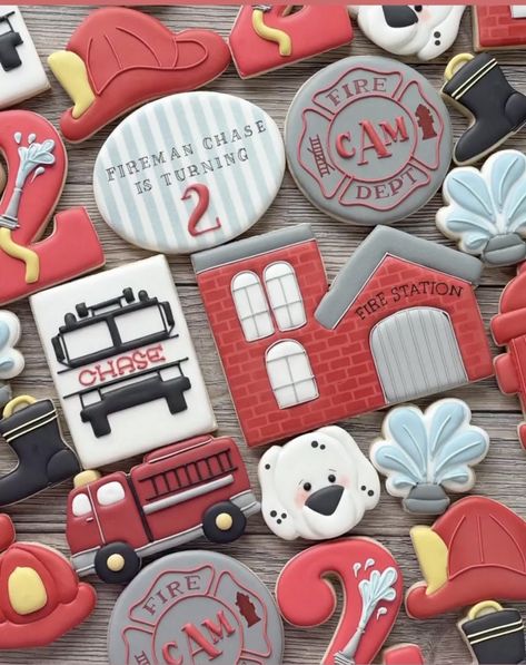 Fire Truck Birthday Cookies, Firefighter Cookie, First Birthday Cookies, Firetruck Birthday Party, Fireman Birthday, Fire Truck Party, Firefighter Birthday, Cookies Theme, Sugar Cookie Royal Icing