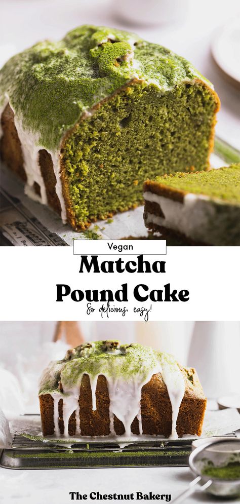 vegan matcha pound cake Pound Cake With Glaze, Matcha Pound Cake, Matcha Recipe Baking, Matcha Bread, Matcha Dessert Recipes, Matcha Vegan, Icing Glaze, Matcha Baking, Smooth Icing