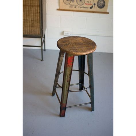 Recycled Metal Bar Stool with Wooden Top Urban Farmhouse Designs, Rustic Bar Stools, Recycled Home Decor, Metal Bar Stool, Industrial Stool, Stool Wood, Rustic Bar, 30 Bar Stools, Metal Bar Stools